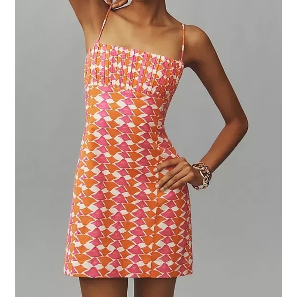 Maeve Anthropologie Womens Ophelia Linen Blend Mini Dress 4P Retro Mod Dopamine